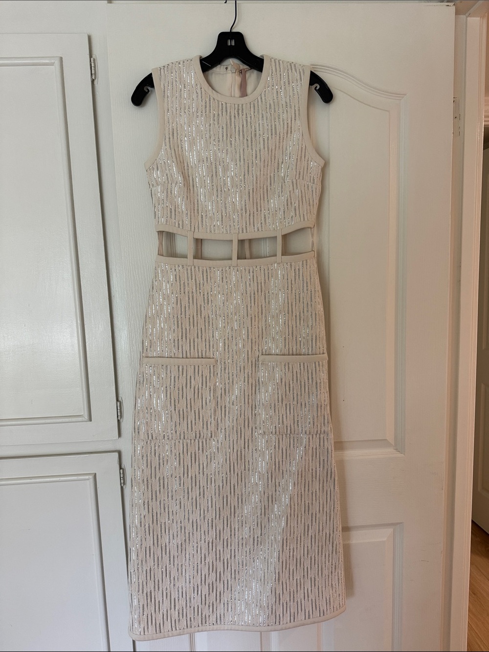 Alexis Sleeveless Cream and Metallic Silver Cutout Midi Dress